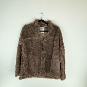DYLAN Womens Medium Pullover 1/4 Zip Faux Fur Jacket Brown Pockets Mock Neck